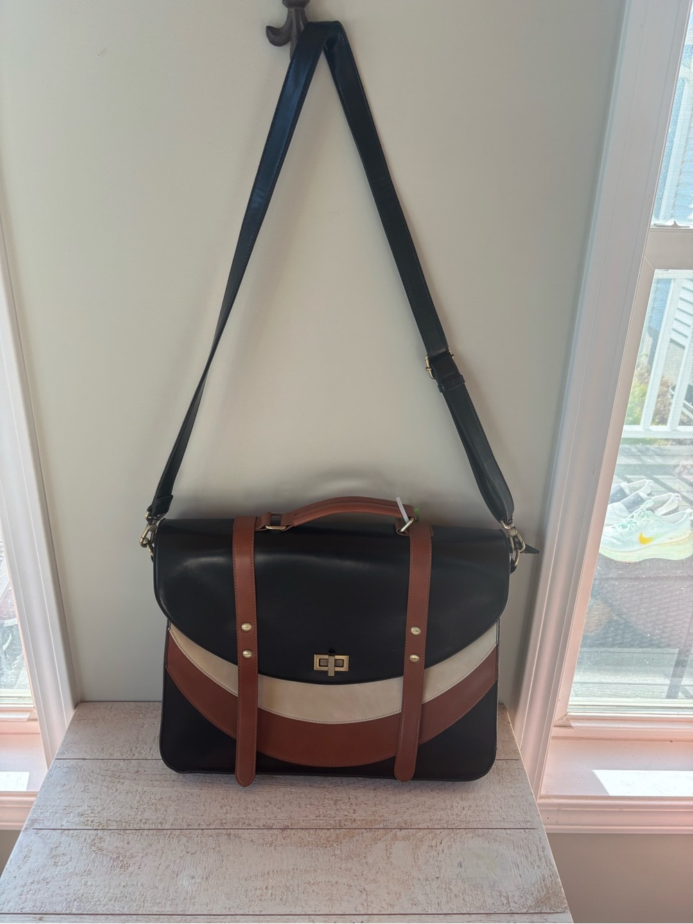 Ecosusi Black, Brown & Cream Leather Messenger Bag with Top Handle